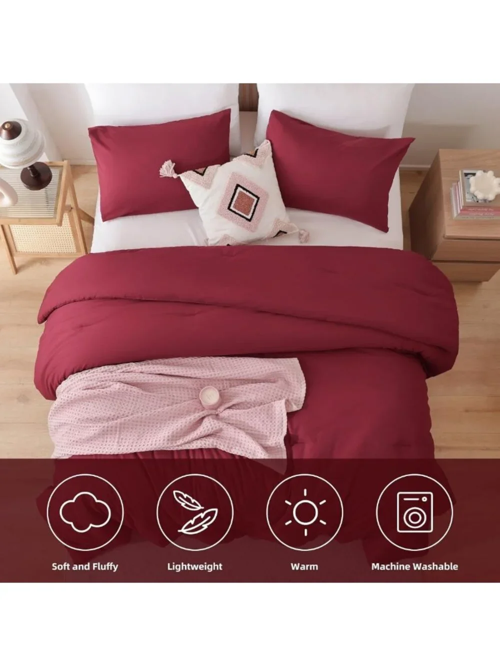 Luxurious Dark Red Alaskan King Comforter Set, Soft Bedding Quilt 136x120